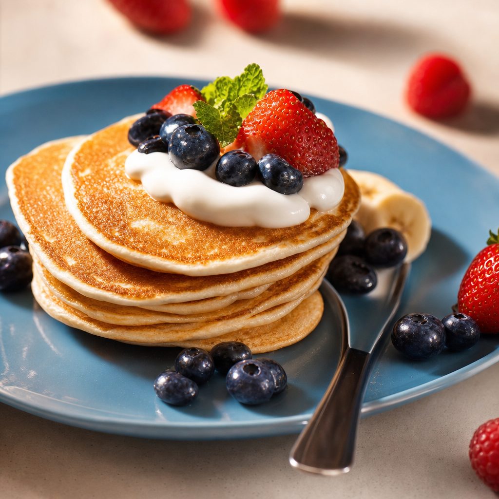 Pancakes Berries and Cream Cheese.