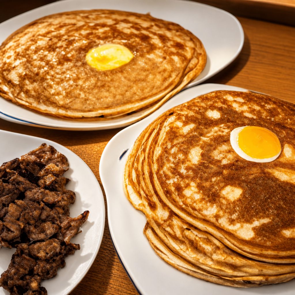 Three Large Pancakes with Meat & Eggs.